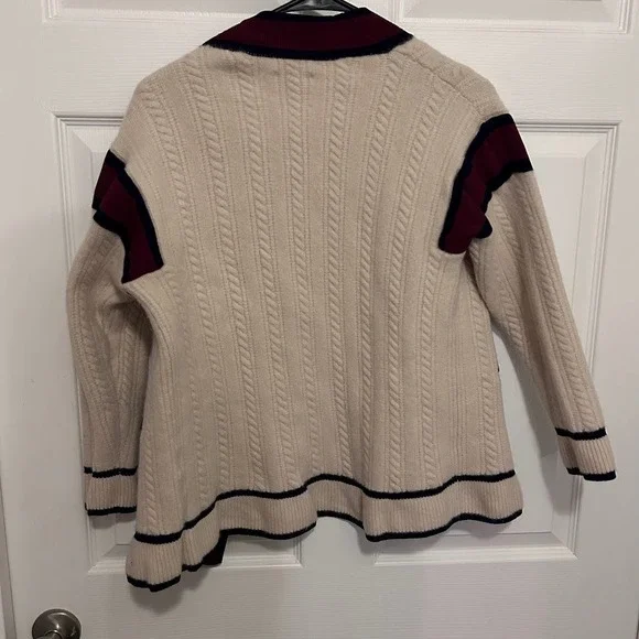 Sandro Paris Wool Cable Knit Cardigan Sweater Small Cream Burgundy - Picture 2 of 10